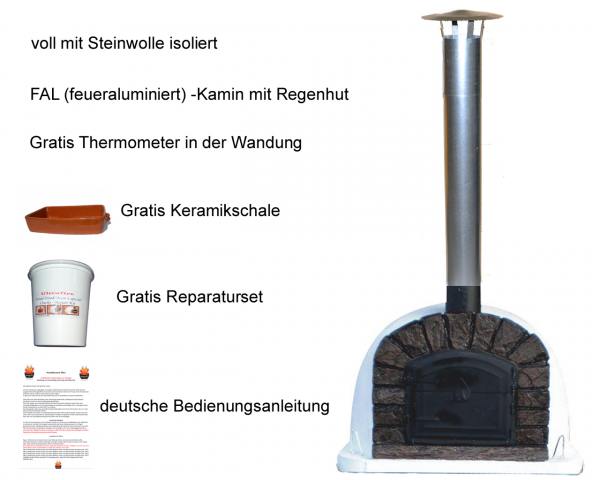 Holzbefeuerter Pizza Steinofen Famosi 100 inklusive FAL-Kaminrohr und Regenhut